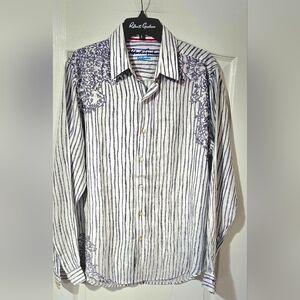 Robert Graham Men's Striped Shirt with Floral Accents Size M.